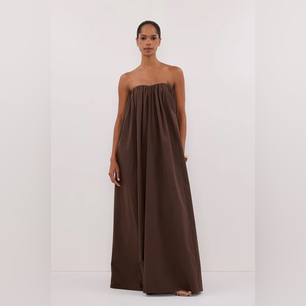 DISSH ROISIN BITTER CHOC COTTON STRAPLESS MAXI DRESS